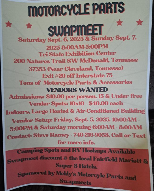 Meldy's Motorcycle Parts and Swapmeets | Tri-State Exhibition Center 1 Meldy’s Motorcycle Parts and Swapmeets | Tri-State Exhibition Center