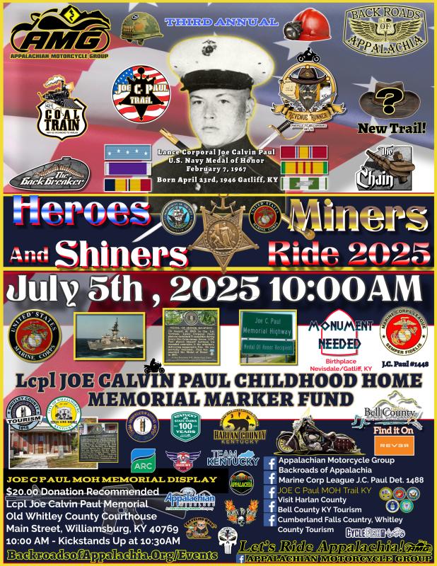 AMG/BOA Presents our Heroes, Miners, and Shiners Ride 2025! | Main Street Williamsburg KY at the Old Whitley County Courthouse and Joe C Paul MOH Marker! 1 AMG/BOA Presents our Heroes, Miners, and Shiners Ride 2025! | Main Street Williamsburg KY at the Old Whitley County Courthouse and Joe C Paul MOH Marker!