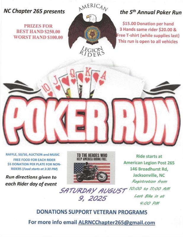 ALR NC Chapter 265 5th Annual Poker Run | American Legion Burton-Cowell Post 265 1 ALR NC Chapter 265 5th Annual Poker Run | American Legion Burton-Cowell Post 265