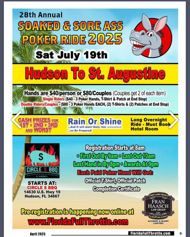 28th Annual Soaked & Sore Ass Poker Ride | 14630 US Hwy 19 1 28th Annual Soaked & Sore Ass Poker Ride | 14630 US Hwy 19