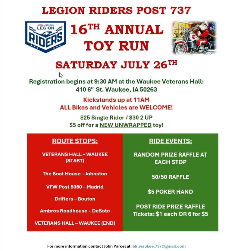 2025 Waukee American Legion Riders Toy Run | Veterans Hall 1 2025 Waukee American Legion Riders Toy Run | Veterans Hall