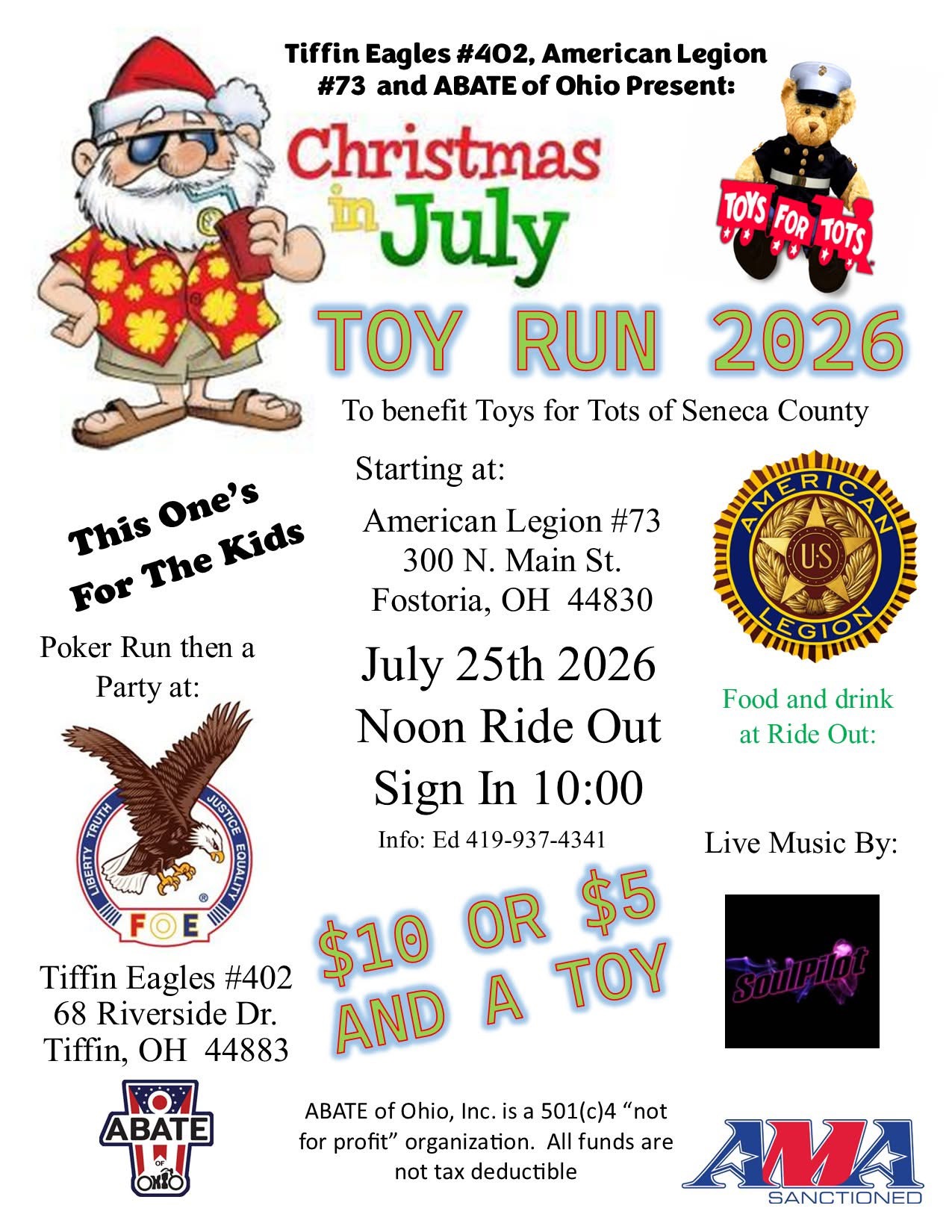 ABATE of Ohio, Tiffin Eagles #402, American Legion #73 Present Christmas In July Toy Run 1 ABATE of Ohio, Tiffin Eagles #402, American Legion #73 Present Christmas In July Toy Run